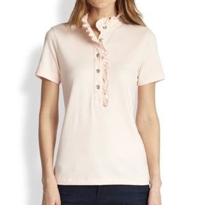 Tory Burch Lidia Ruffle Button Pink Collar Polo Shorts Sleeve Shirt Top Size S
